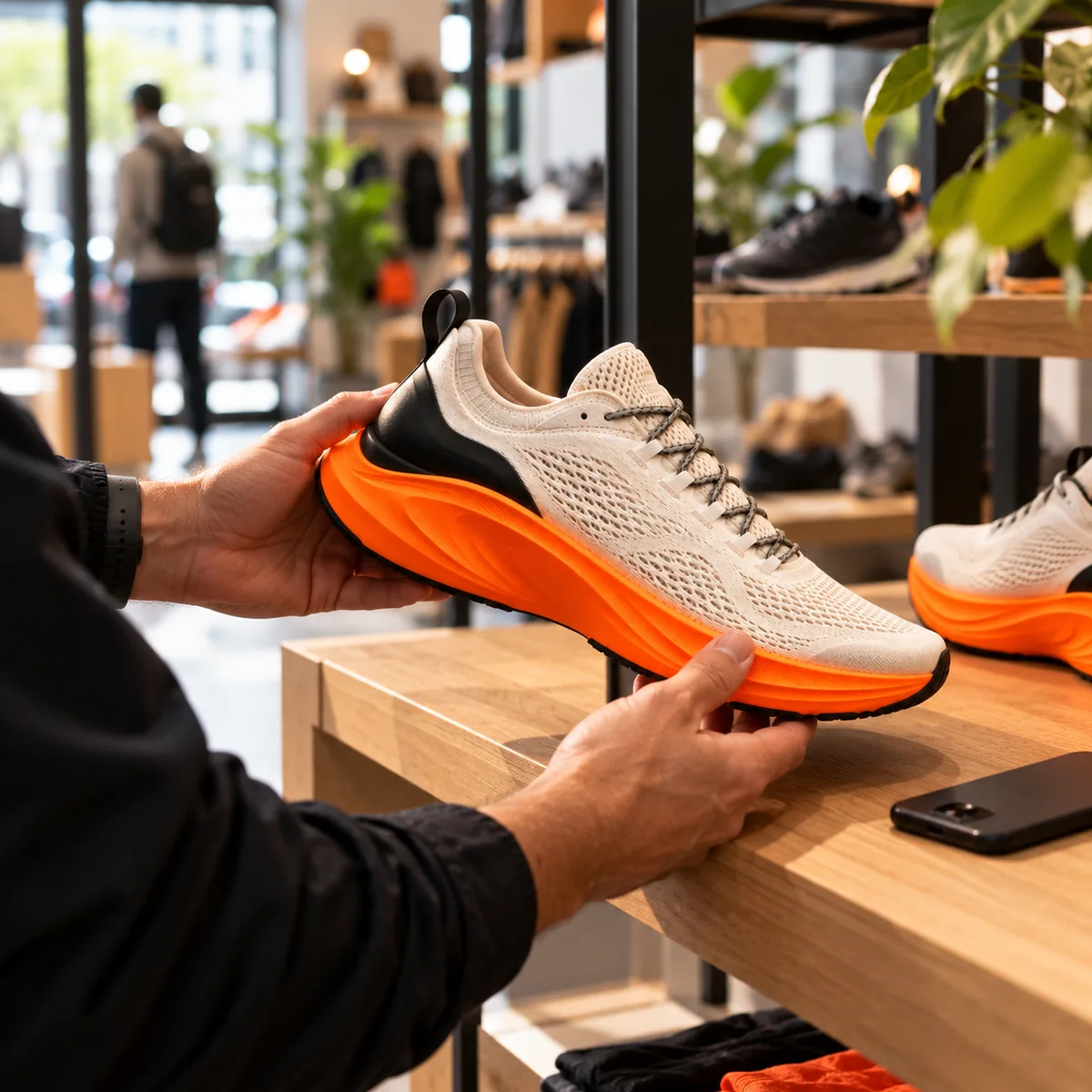 Un client soulève la RUN One d'une étagère de boutique