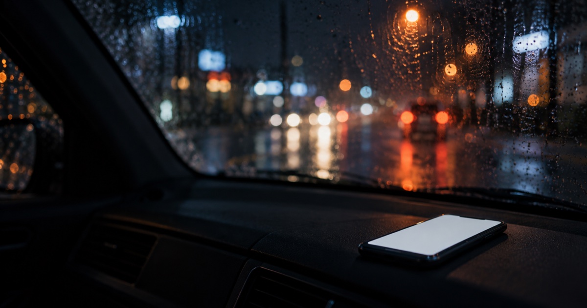 Téléphone posé sur le tableau de bord d'une voiture la nuit, pluie sur le pare-brise et enseignes floues au loin