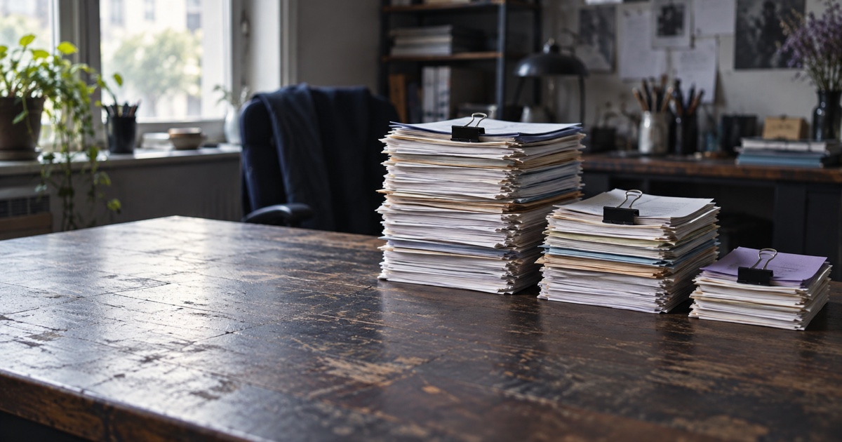 Trois piles de papier triées sur un bureau, de hauteur décroissante