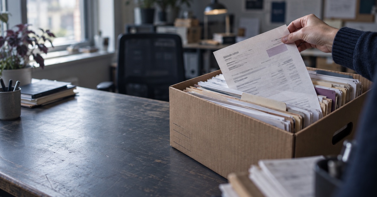 Une facture papier sortie d'une boîte d'archives remplie de documents classés