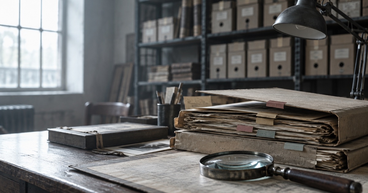 Table de lecture d'archives avec des chemises cartonnées entrouvertes, une loupe et des boîtes numérotées en arrière-plan
