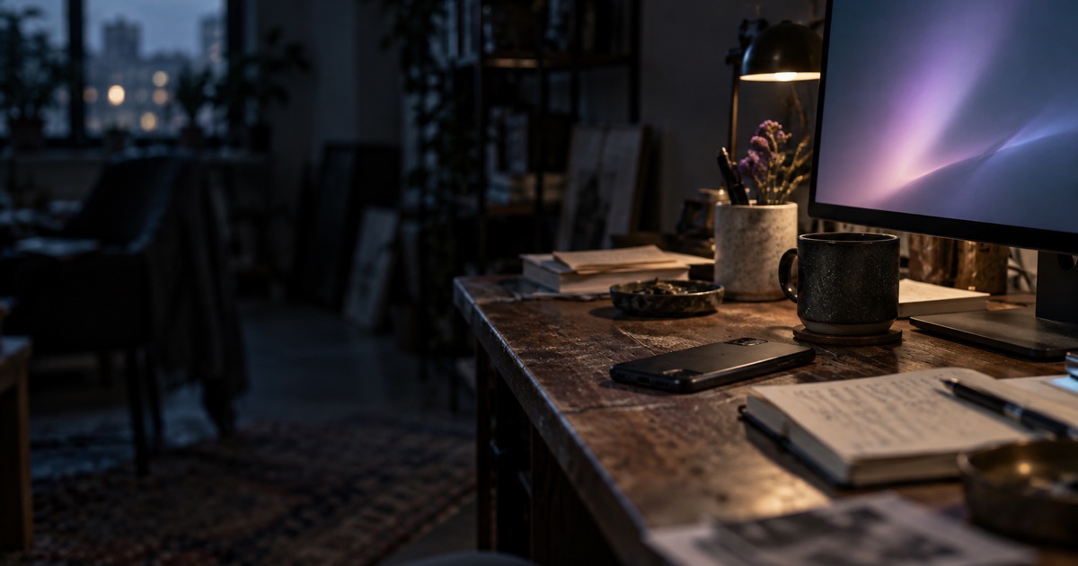 Un bureau de nuit, un téléphone posé face contre table près d'un écran faiblement éclairé