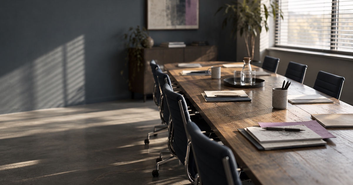 Une salle de réunion vide, huit chaises rangées autour d'une longue table